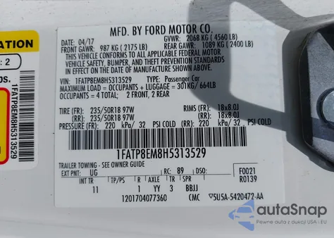 2017 Ford Mustang V6 из США, поврежденный, VIN 1FATP8EM8H5313529